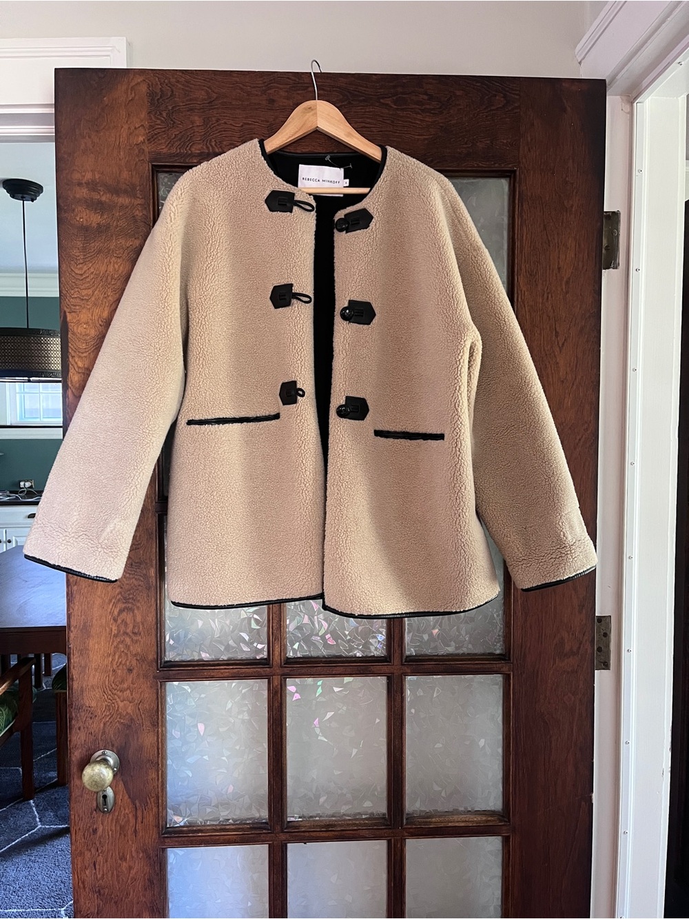 Rebecca Minkoff Beige Teddy Toggle Jacket with Black Trim